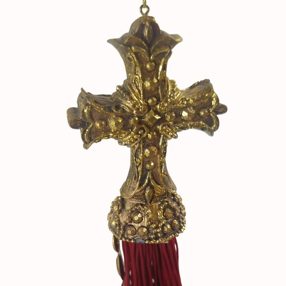 Ornate Jeweled Gold Cross Tassel Decor With Gem Accents & Red Fringe - Picture 4 of 6